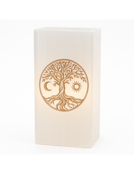 Lampe en sélénite arbre vie gravure dorée