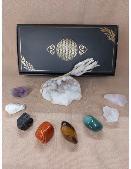 l'energiBox, Coffret de lithothérapie avec pierres naturelles, sauge et fleur de vie