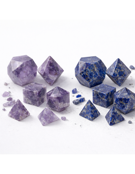 Coffret Solides de Platon en Pierres Naturelles – Améthyste ou Lapis Lazuli