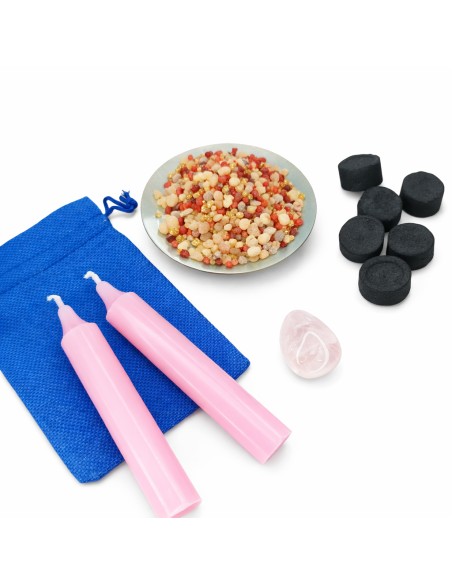 Rituel Amour – Bougies Roses, Quartz Rose et Encens en Grains