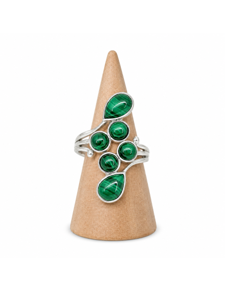 Bague réglable grappe en argent et Malachite