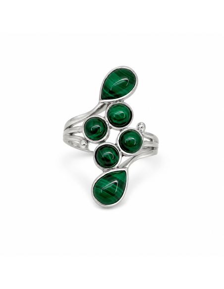 Bague réglable grappe en argent et Malachite