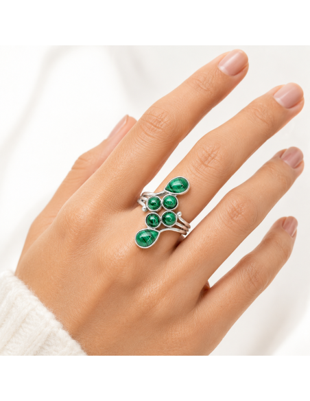 Bague réglable grappe en argent et Malachite