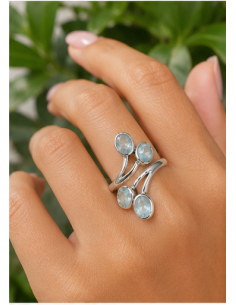 Bague réglable en argent et en aigue marine facettée 2