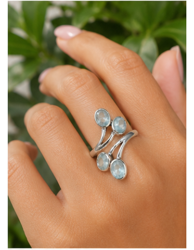 Bague réglable en argent et en aigue marine facettée