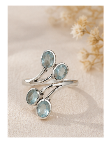 Bague réglable en argent et en aigue marine facettée