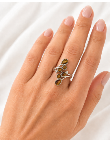 Bague réglable en argent avec Œil de Tigre naturel