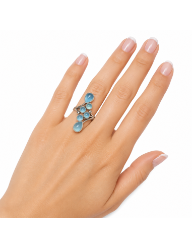 Bague réglable grappe en argent et Aigue marine