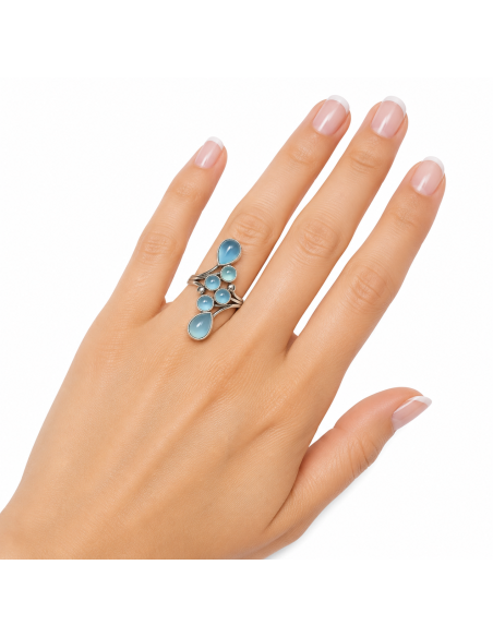Bague réglable grappe en argent et Aigue marine