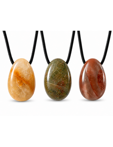Pendentif percé en Quartz Hématoïde naturel avec cordon noir – Pierre polie – Disponible en jaune, vert ou rouge – Bijou mixte