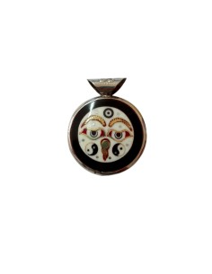 Amulette double en émail masque de Bouddha et OM