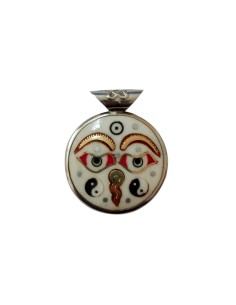 Amulette double en émail masque de Bouddha et soleil